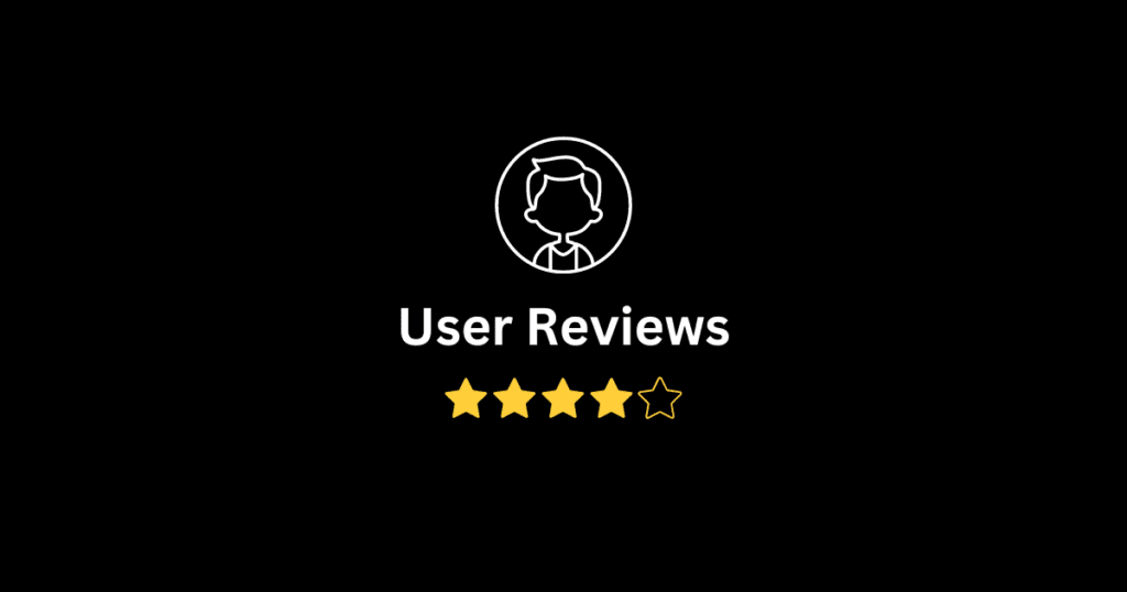 An image with a simple black background showing an icon of a illustrative user and a title of a user review along with some rating stars