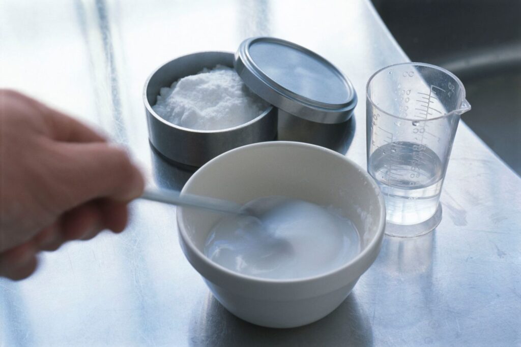 A men is mixing baking soda in water in a white bowl